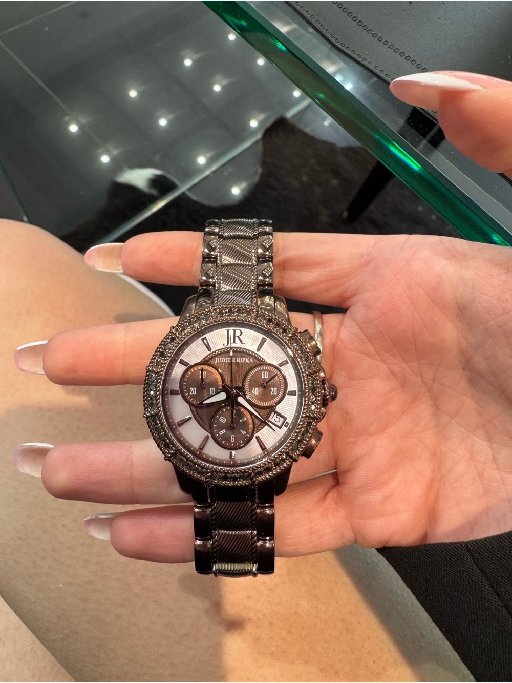 New Judith Ripka Chocolate Brown Chronograph Watch w/ MOP Dial